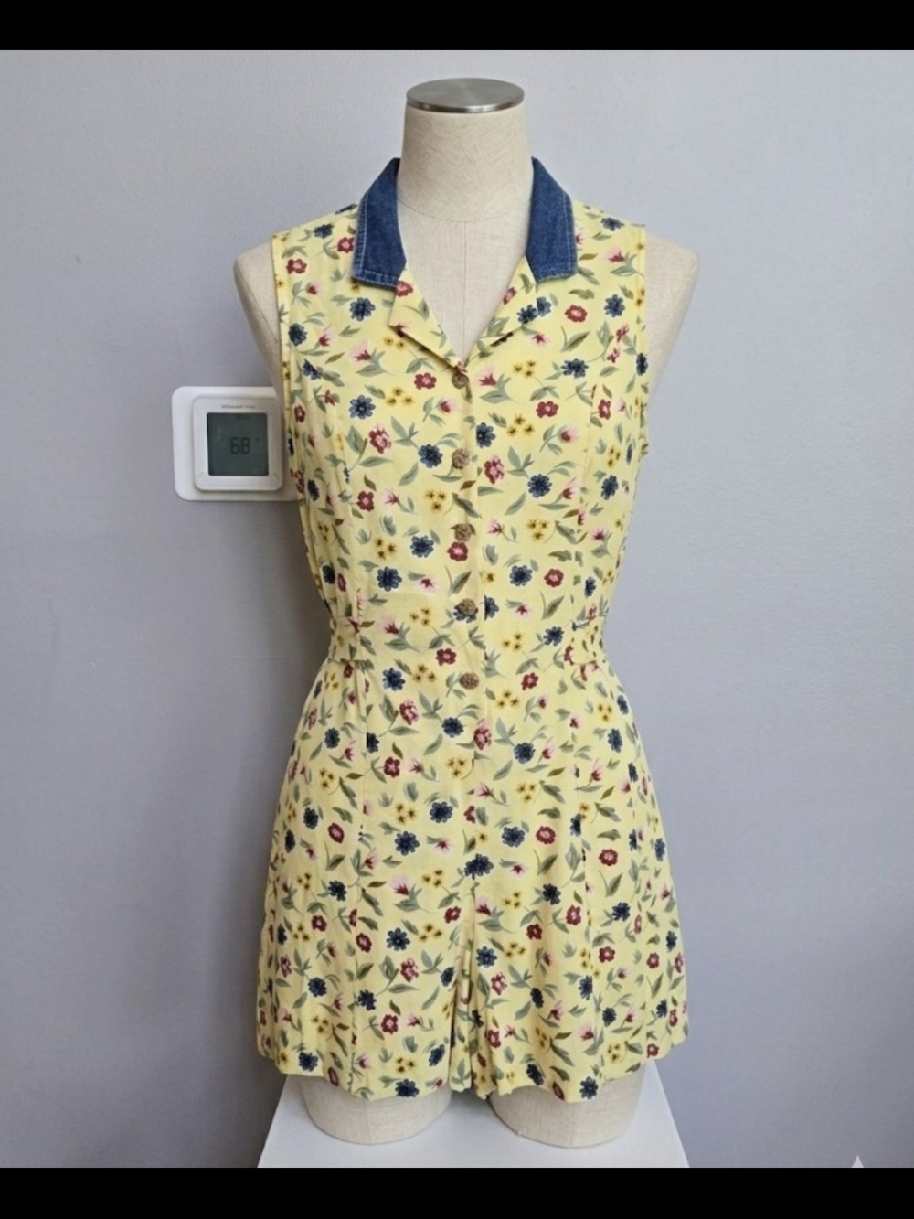 Vintage 90s No Boundaries Floral Romper Large Yellow Rayon Denim Collar 1990s